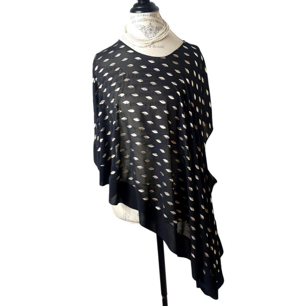 Joseph Ribkoff Poncho S Black Gold Leaf Print Asymmetrical Chiffon Cover Up